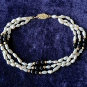 Real 14K Gold, Natural Pearls & Black Onyx Multistrand Bracelet